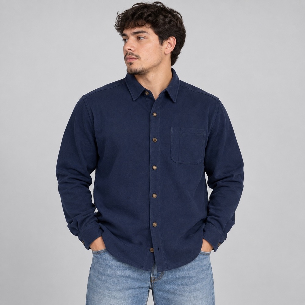 Duluth Trading Co Shirt Mens L Navy Blue Cotton Pique Long Sleeve Button Down